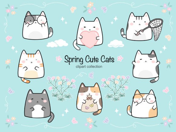 Download HELLO SPRING Cute Cat Clipart Set - Spring Collection